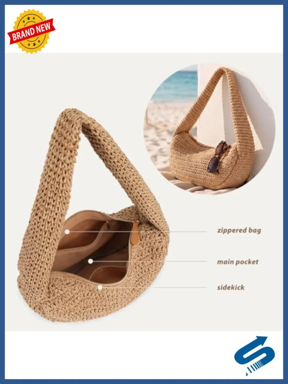 Crochet Straw Bag Summer Beach Bag Woven Hobo Shoulder Bag Half Moon Tote Purse